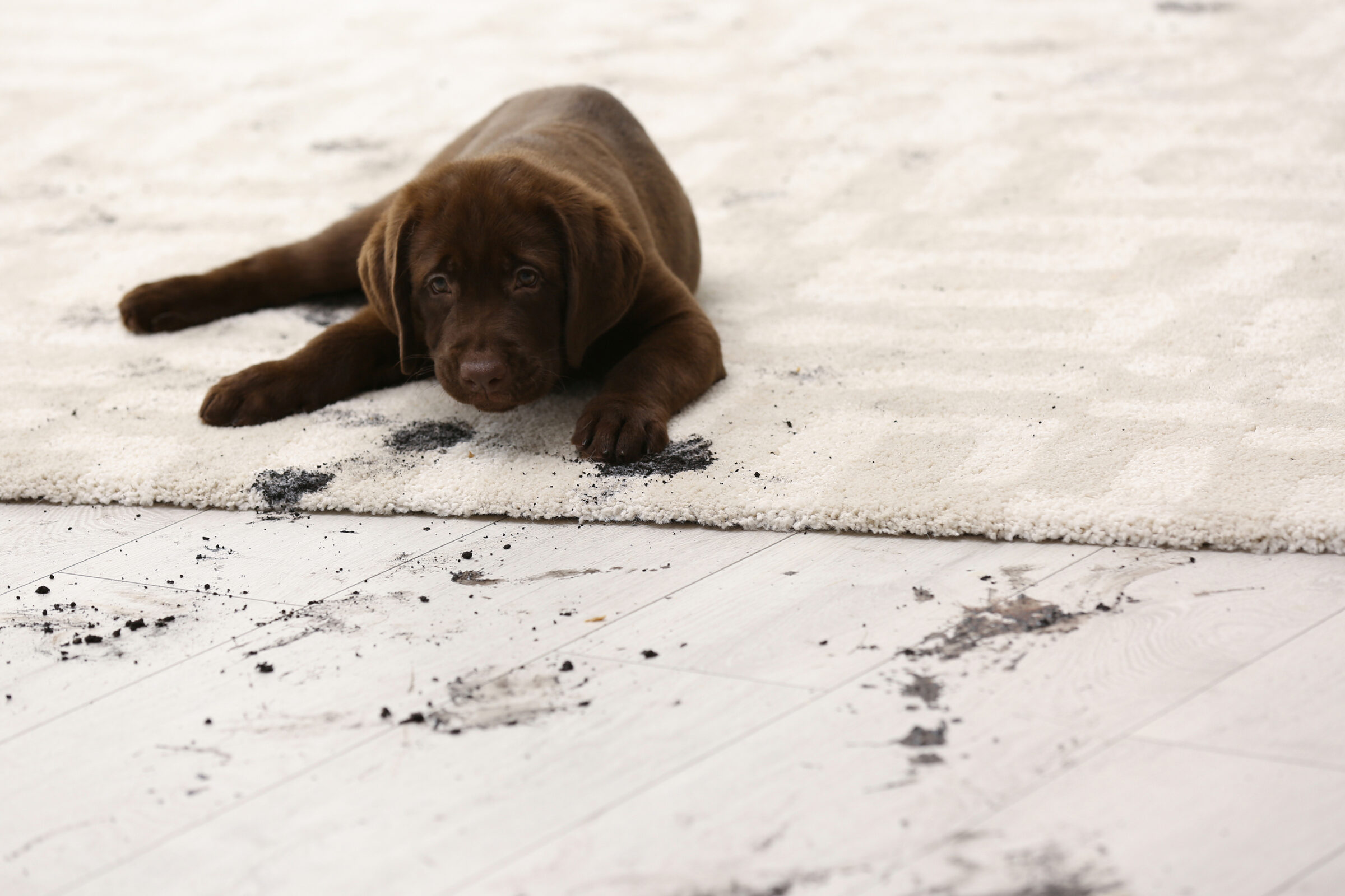 cute brown lab puppy tracking in mud on wood floors